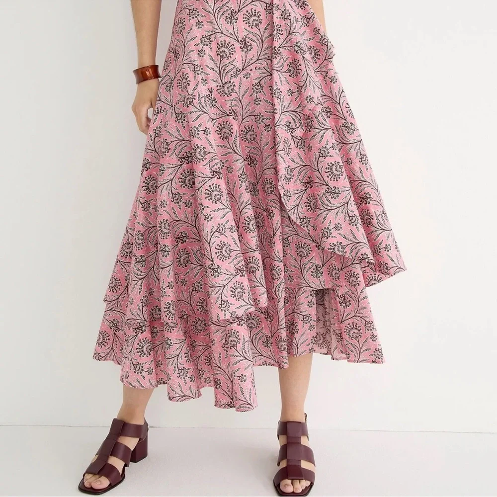J. Crew Collection cross back tiered ruffle hem midi dress in Ratti coral vines
